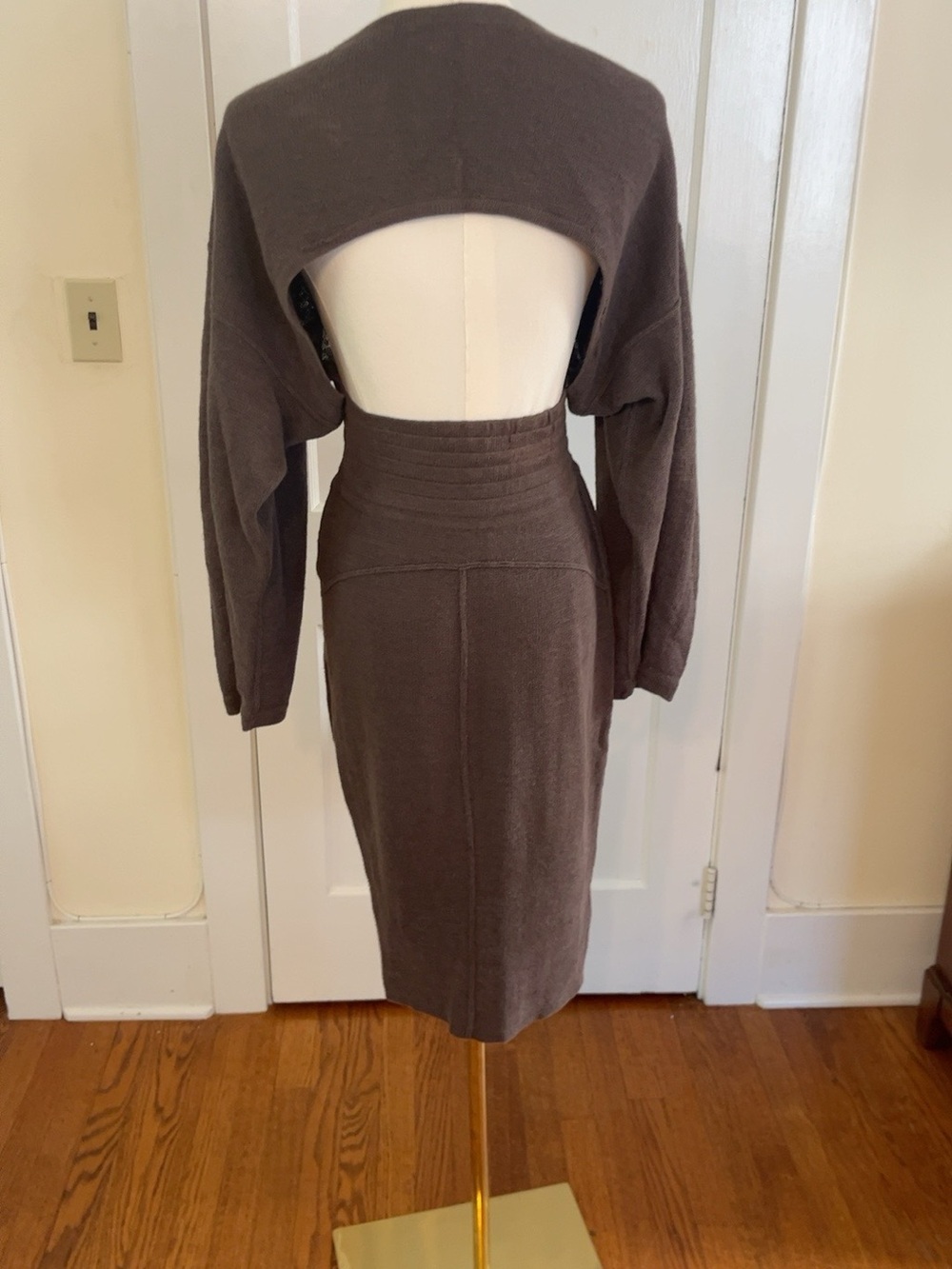 Vintage Azzedine Alaïa Paris Brown Knit Bodycon Corset Waist Midi Dress XS 6053